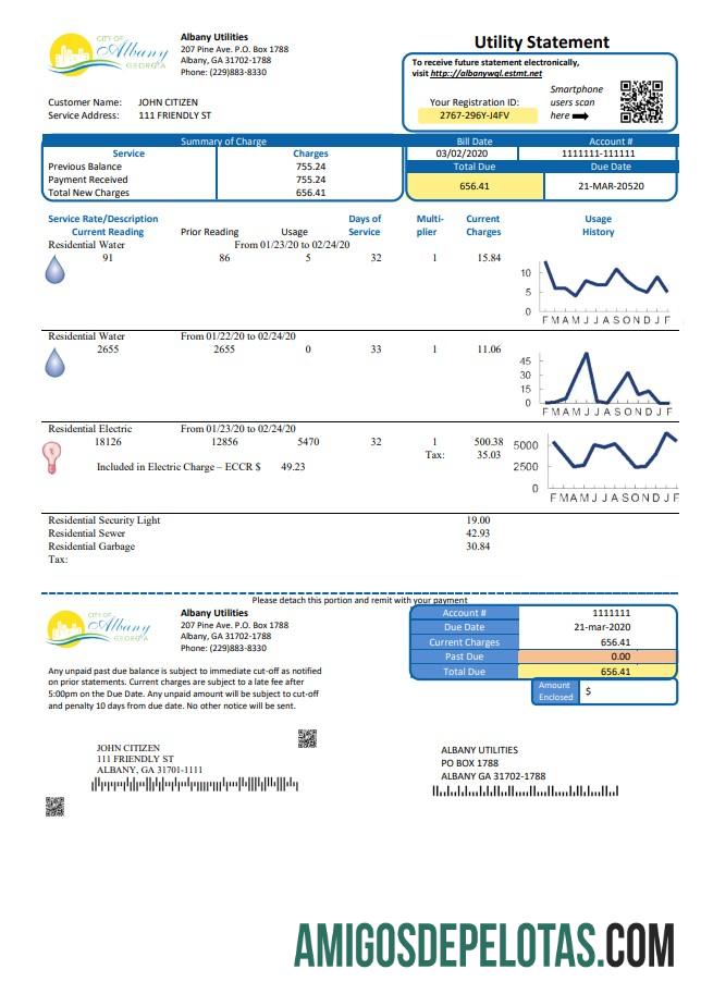 realista Modelo de conta de serviços públicos de água e eletricidade, EUA, Geórgia, cidade de Albany, em formato Word e PDF